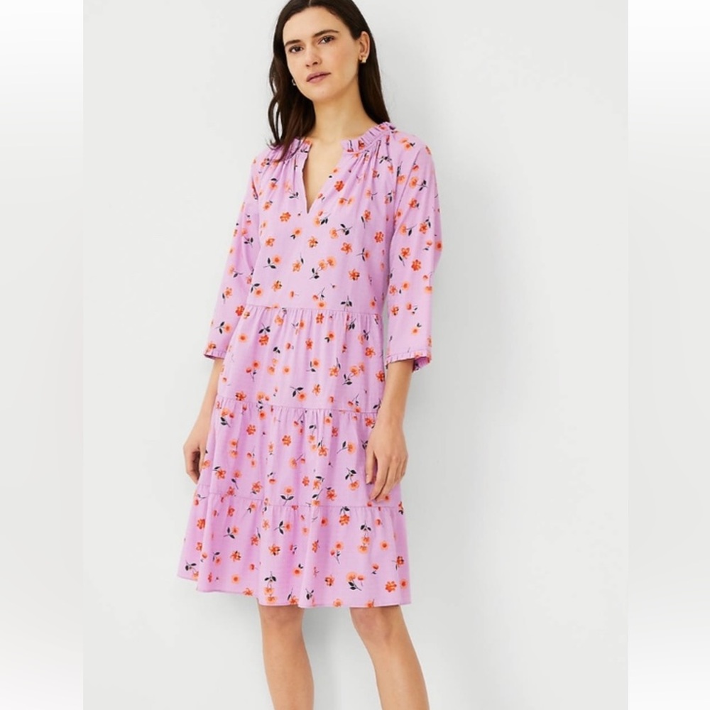 Ann Taylor Floral V-Neck Shift Dress Lavender Size Small